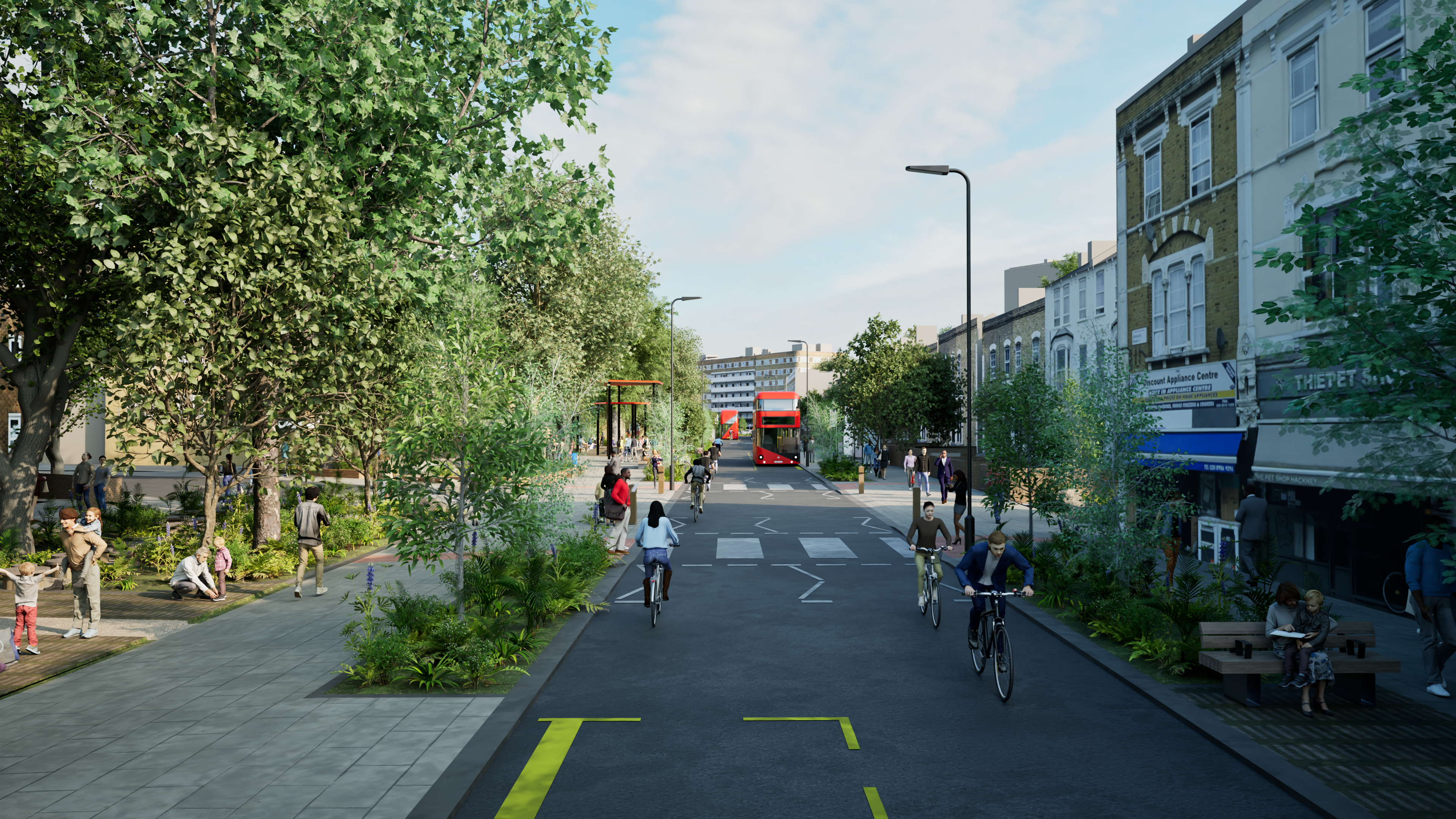 A CGI of Amhurst Road showing widened pavements, greening and no cars only cyclists and buses