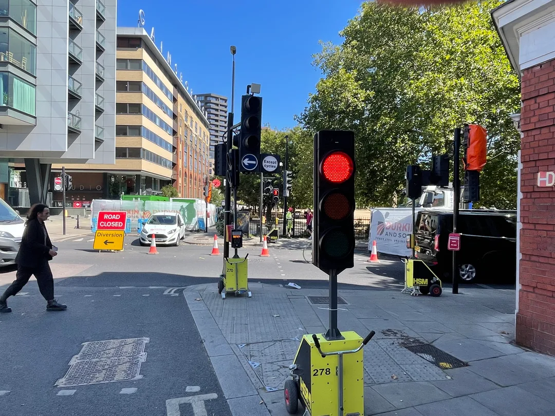 The junction of Poole Street, Eagle Wharf Road and New North Road showing the closure on Poole Street with site cabins blocking the road